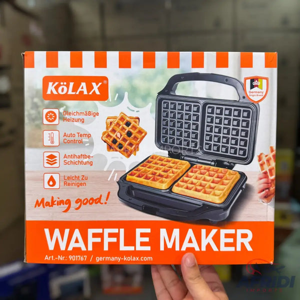 A waffle maker with two square cooking plates, featuring even heating, automatic temperature control, and a non-stick coating for easy cleaning.