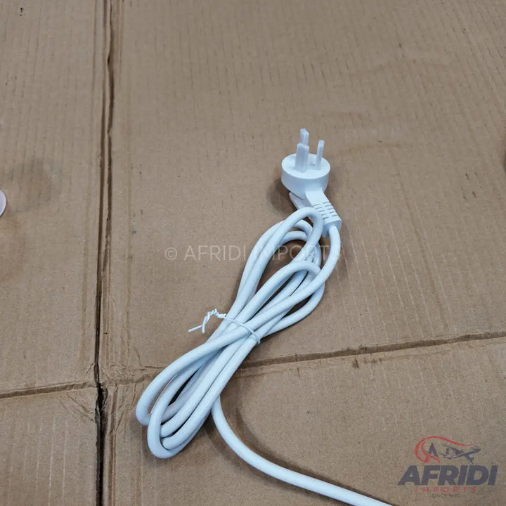White electrical power cord with a three-prong plug.