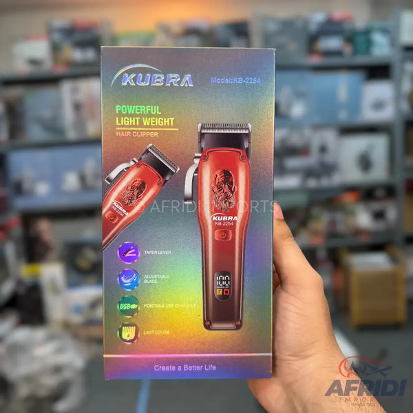 Red KUBRA hair clipper with digital display.