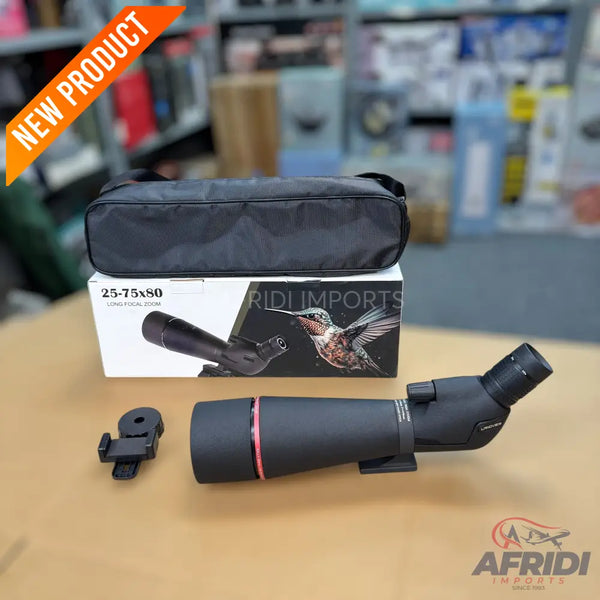 Black spotting scope with a zoom range of 25-75x and an 80mm objective lens.