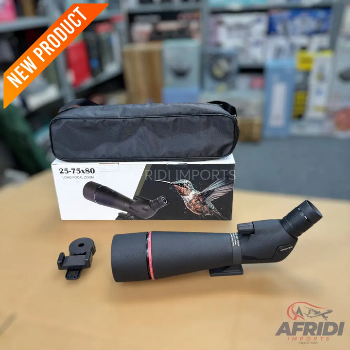 Black spotting scope with a zoom range of 25-75x and an 80mm objective lens.