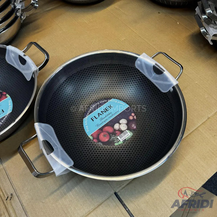 New black wok with honeycomb pattern and two handles