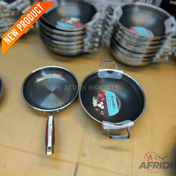 A set of two non-stick frying pans, one with a long handle and the other with two short handles.