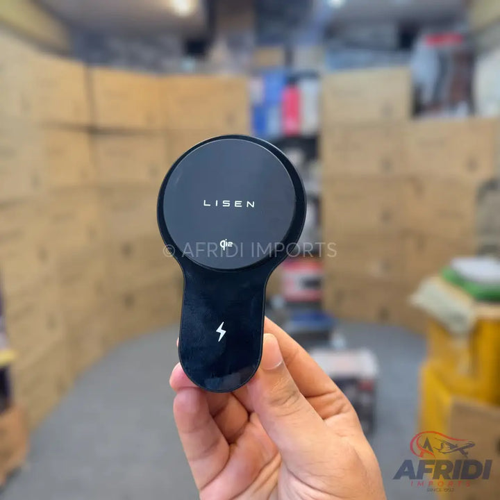 Black Lisen magnetic wireless car charger with a lightning bolt symbol.