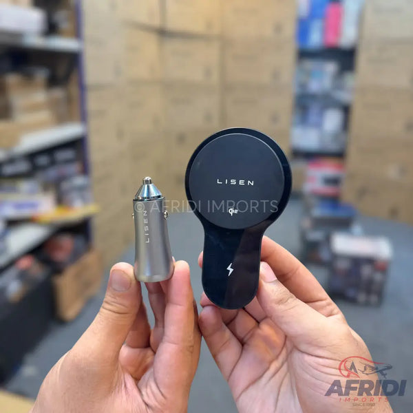 A black magnetic wireless car charger and a silver car power adapter.
