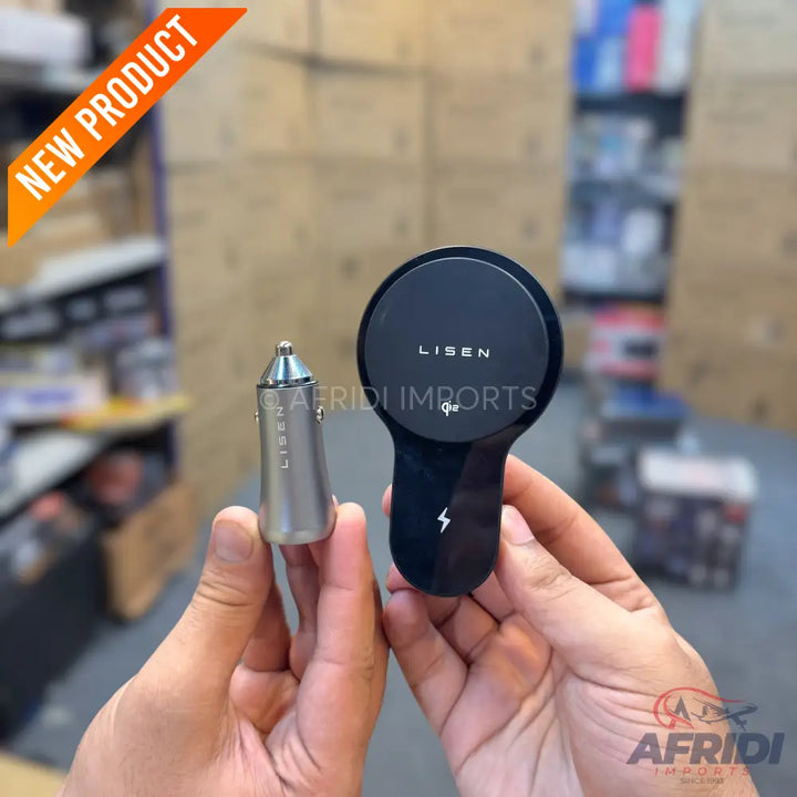 A black magnetic wireless car charger and a silver car power adapter.