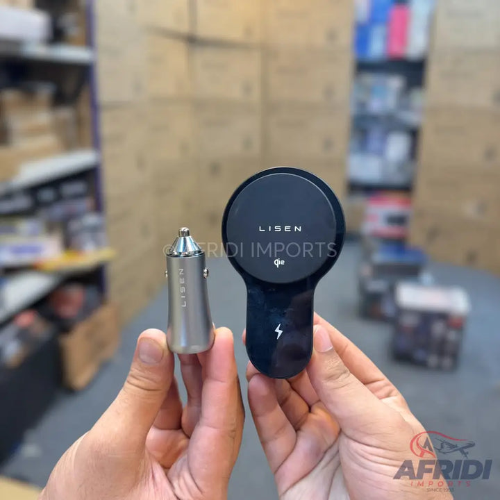 A silver car charger and a black magnetic wireless car charger mount.