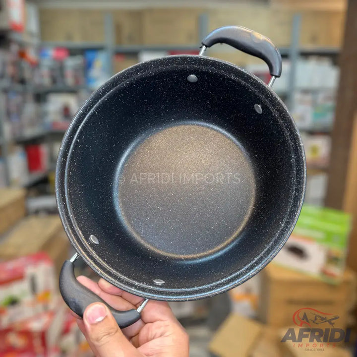 Black non-stick cooking pot with two handles