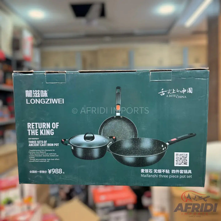 A three-piece set of black non-stick cookware, including a deep pot with a lid, a frying pan, and a wok.