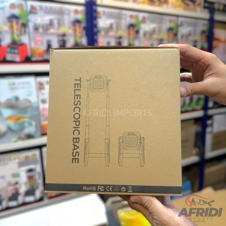 Cardboard box for a telescopic base with product diagrams.