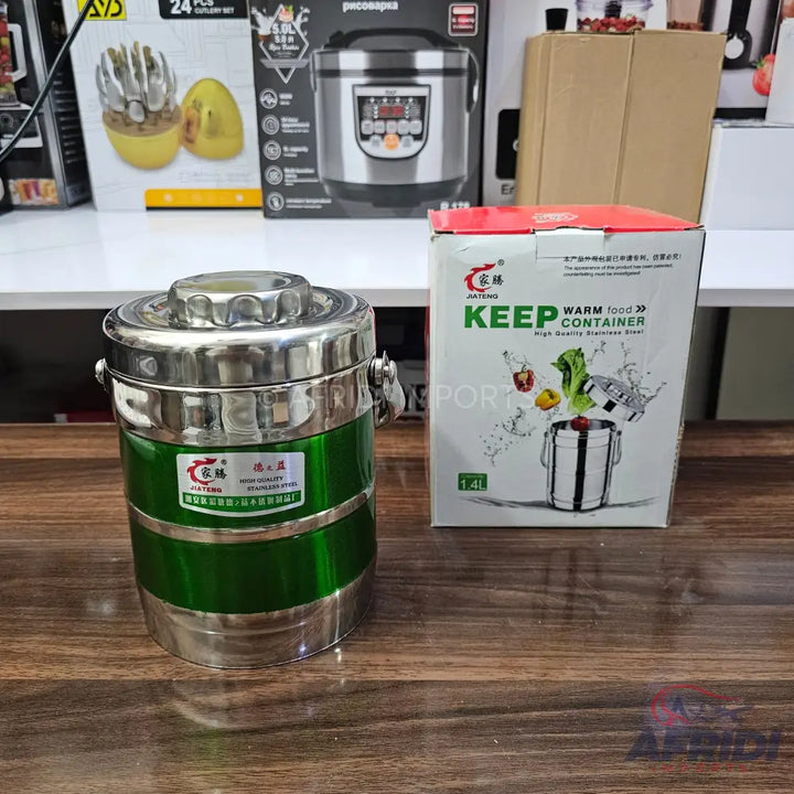 Green and silver insulated food container with a screw-on lid.