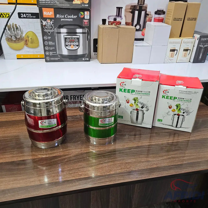 Insulated food containers in red and green, designed to keep food warm.