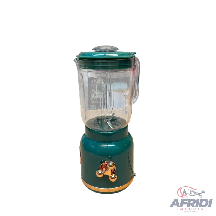 A dark green and gold blender with a clear plastic pitcher.