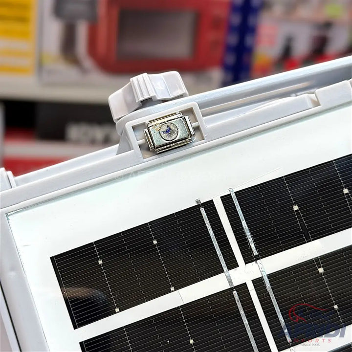 A portable solar panel with an adjustable mount.