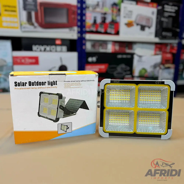 A solar outdoor light with four LED panels.