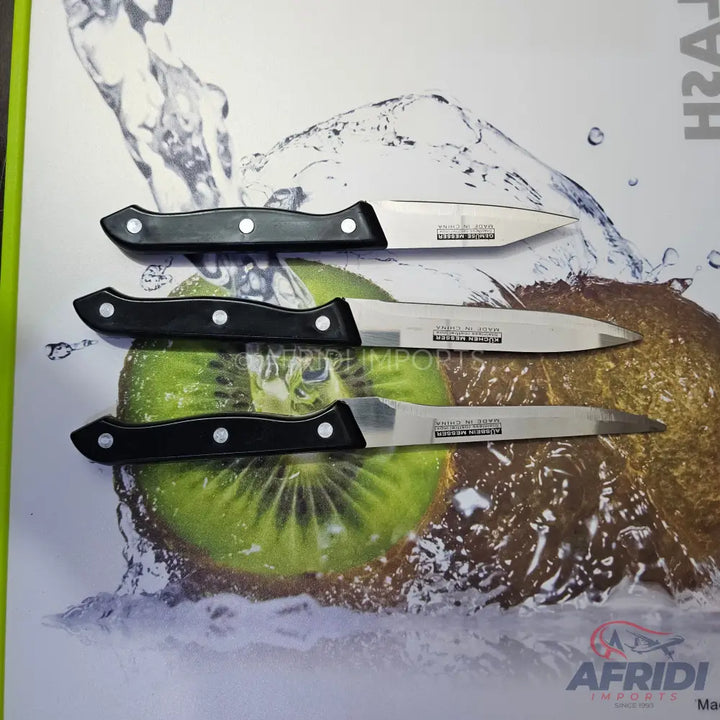A set of three stainless steel knives with black handles.