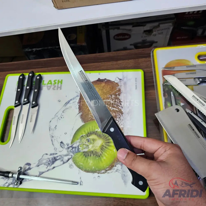 A stainless steel carving knife with a black handle.