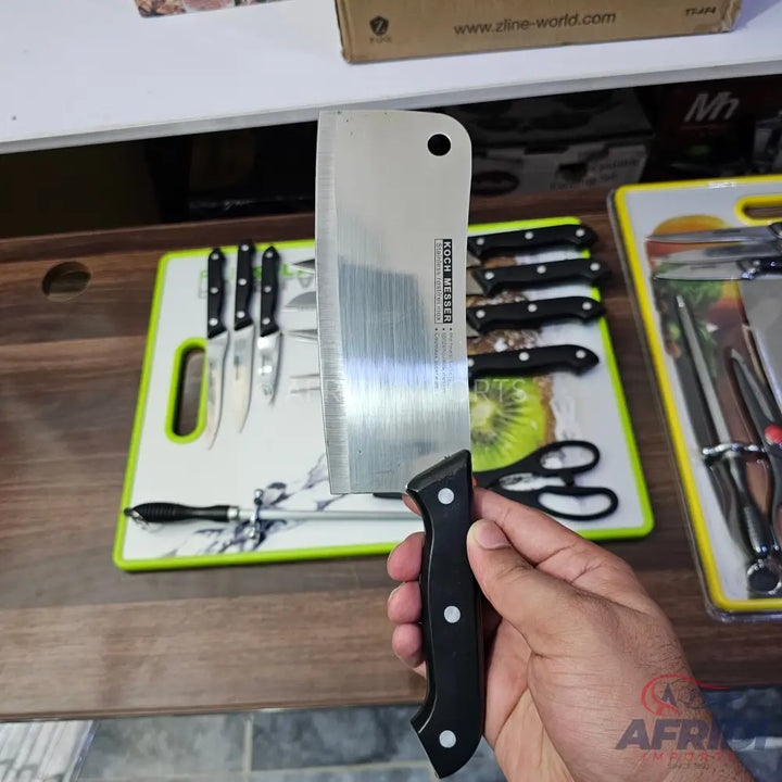 Stainless steel meat cleaver with a black handle.