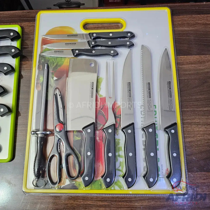 A complete kitchen knife set with various blades, a sharpener, scissors, and a peeler.