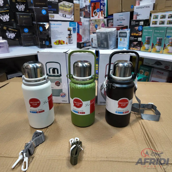 Three colorful stainless steel vacuum cups with carrying straps.