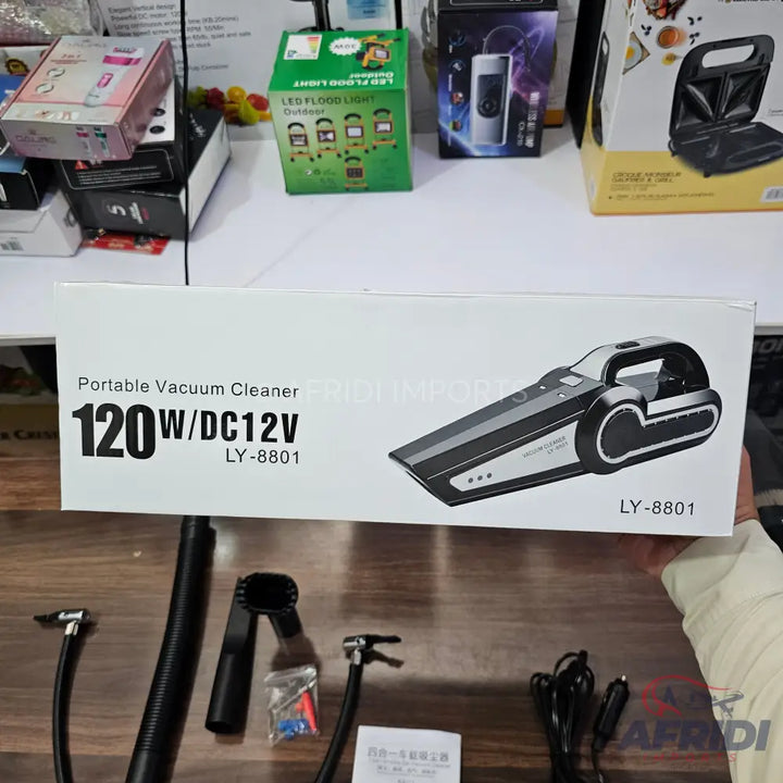 A portable 120W/DC12V vacuum cleaner with included accessories.