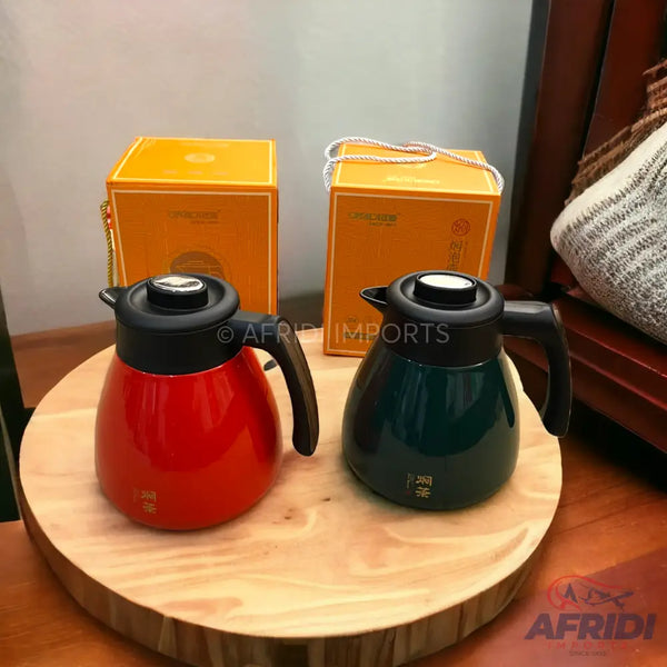 Two colorful insulated beverage dispensers with black handles and lids.