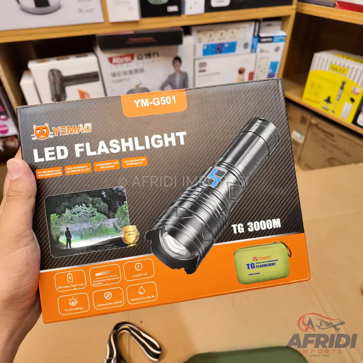 A black and silver LED flashlight with a carrying case, featuring a long-distance beam, multiple light modes, and a durable, waterproof design.
