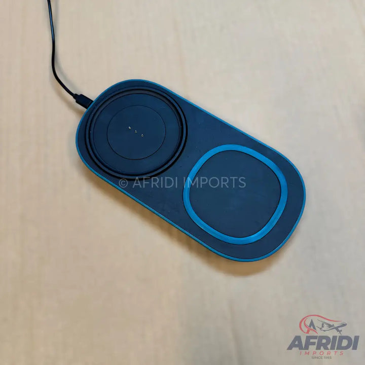 A dark blue dual-pad wireless charger with light blue accents.