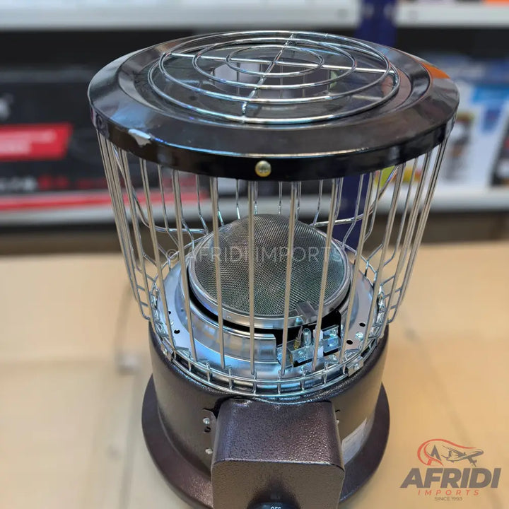 A dark brown and silver portable gas heater with a protective cage.
