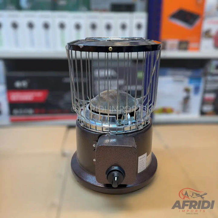 A dark brown portable gas heater with a protective metal cage.