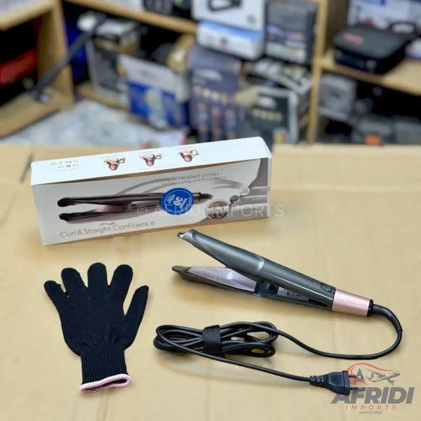 Hair straightener and curling iron with a heat-protective glove and power cord.