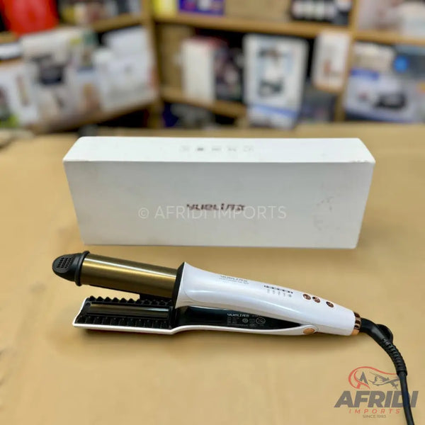 White and gold 2-in-1 hair straightener and curler.