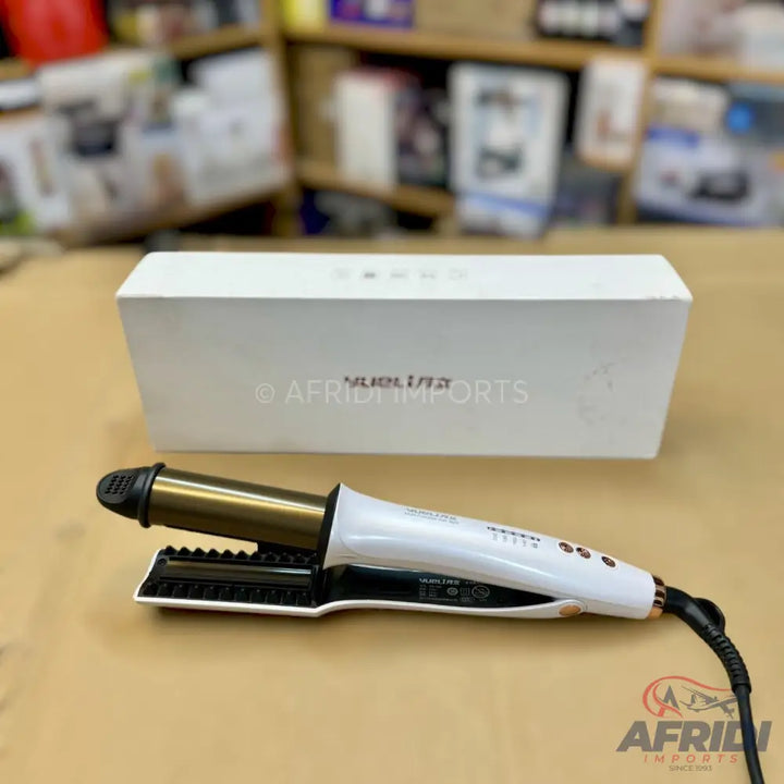 White and gold 2-in-1 hair straightener and curler.