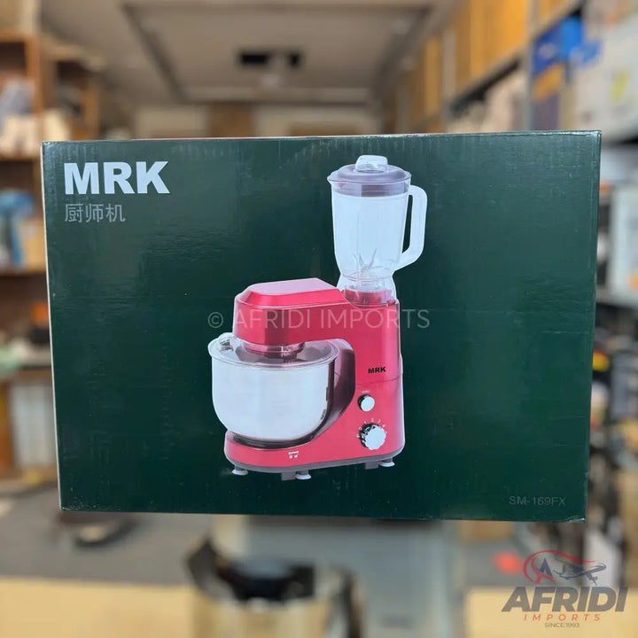 Red stand mixer with a blender attachment.