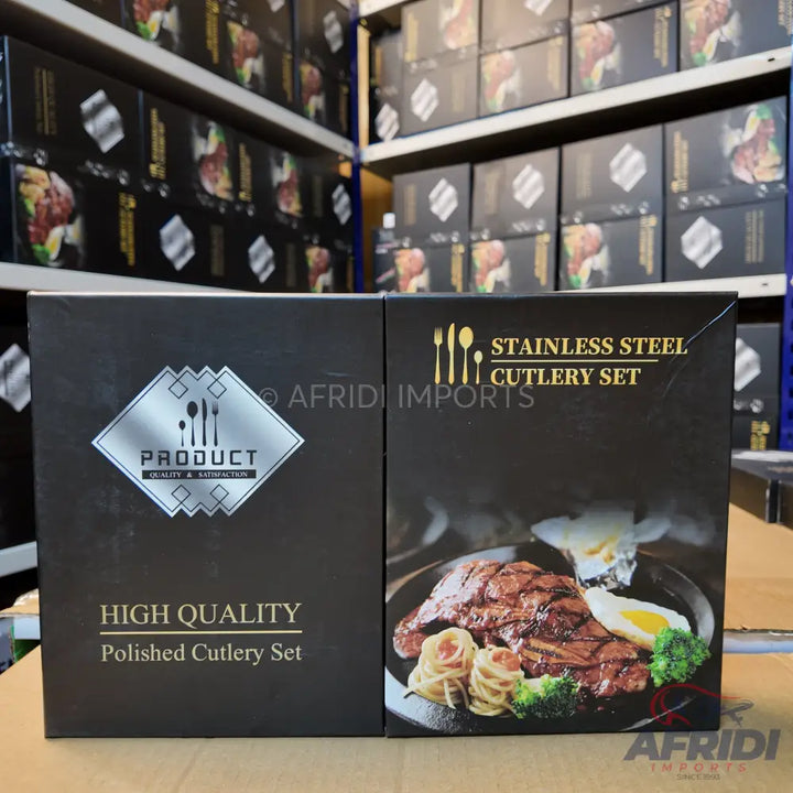 Black boxed stainless steel cutlery set with a steak and egg image.