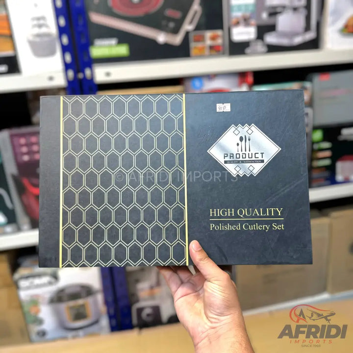 A black box for a high-quality polished cutlery set, featuring a hexagonal pattern on one side and a product logo with cutlery icons on the other.