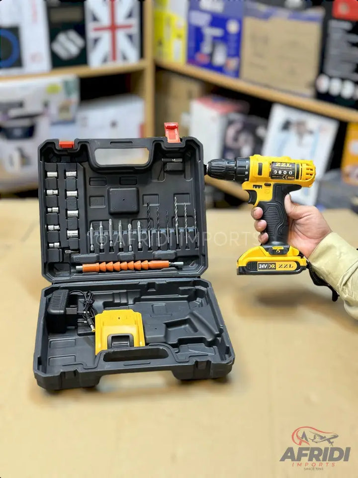 Yellow cordless drill with a black hard case containing various bits and accessories.