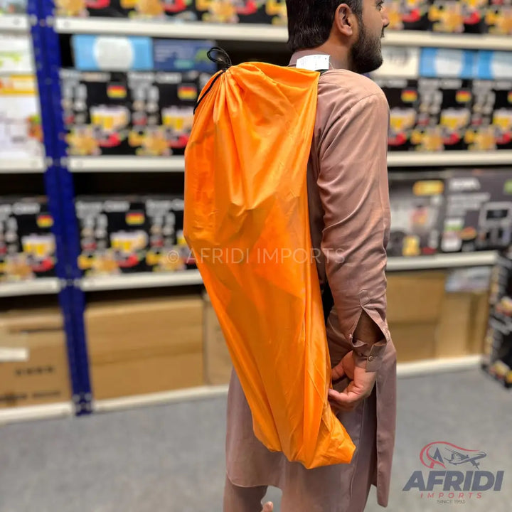 Orange drawstring storage bag.