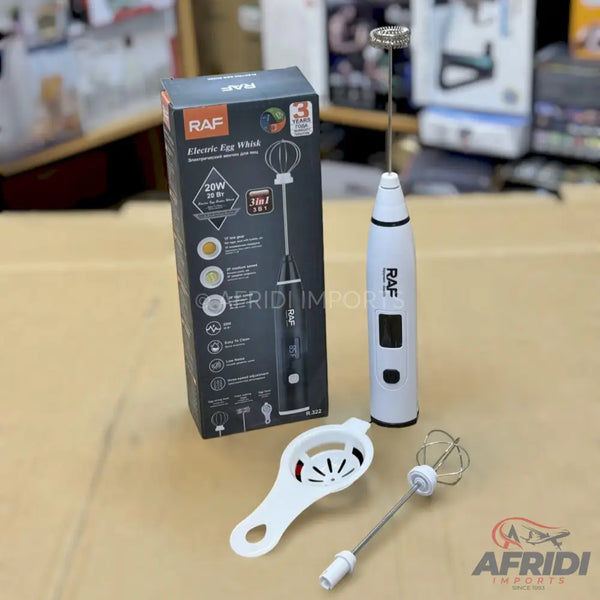 White electric egg whisk with interchangeable attachments and an egg separator.