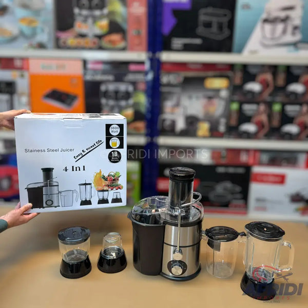 A 4-in-1 stainless steel juicer set with a main juicer unit, a blender, and two grinders.
