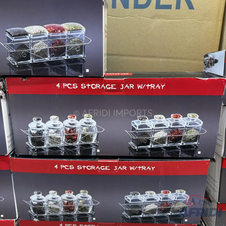 Four-piece storage jar sets with trays, filled with various spices.