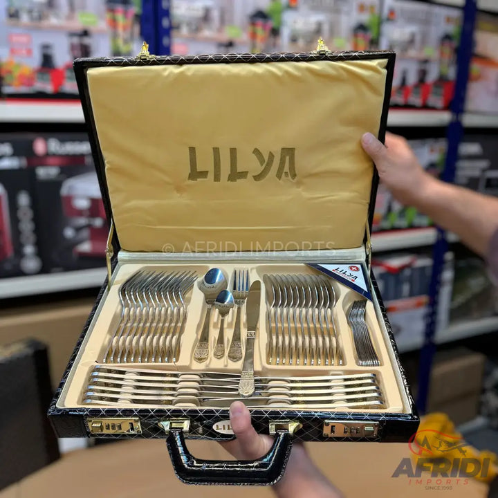 Silverware set in a black carrying case.