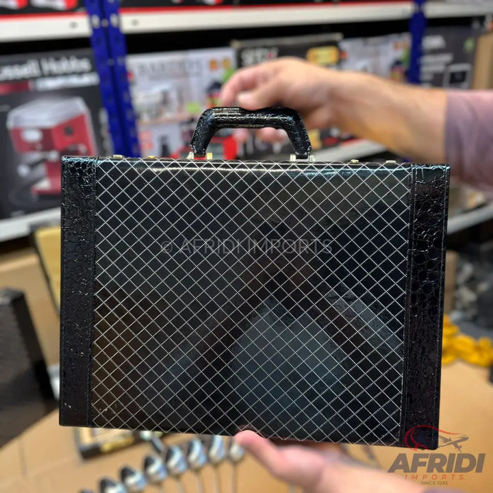 Black briefcase with a silver crosshatch pattern.