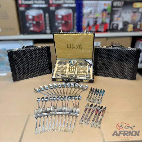 A complete stainless steel cutlery set in a black carrying case.
