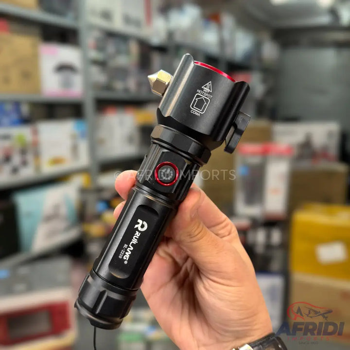A black multi-functional flashlight with a side-mounted light and a pointed end.