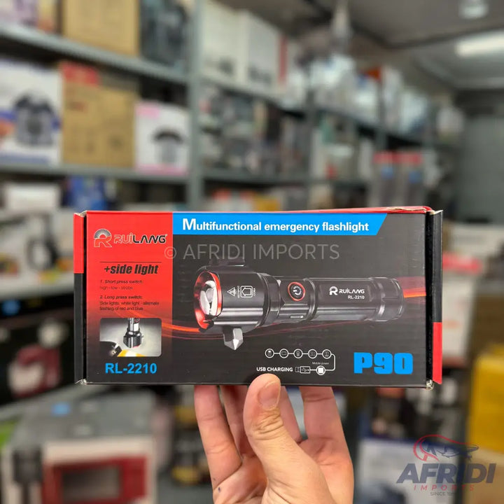 Black and red multifunctional emergency flashlight with side light, USB charging, and model number RL-2210.