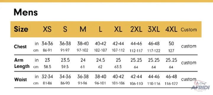 A men’s clothing size chart with measurements for chest, arm length, and waist.