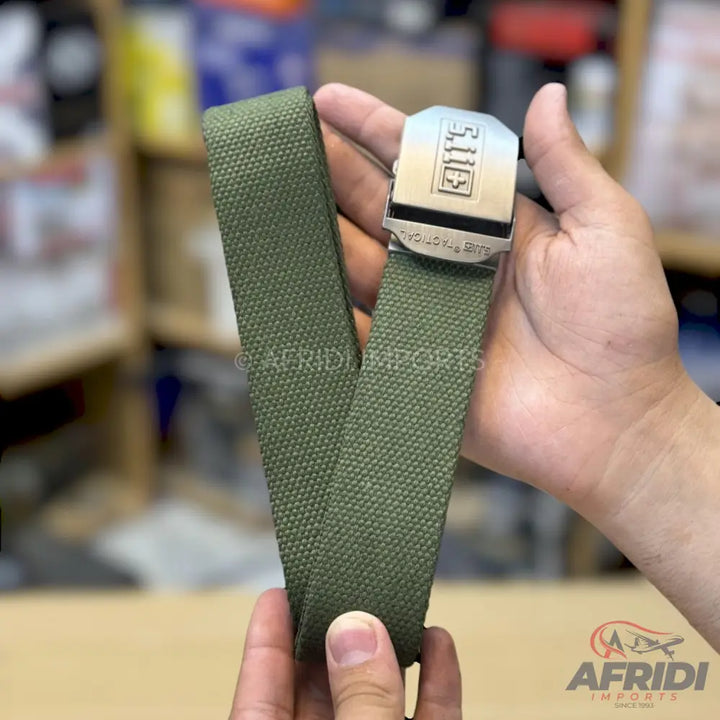 Olive green canvas belt with a silver metal buckle.