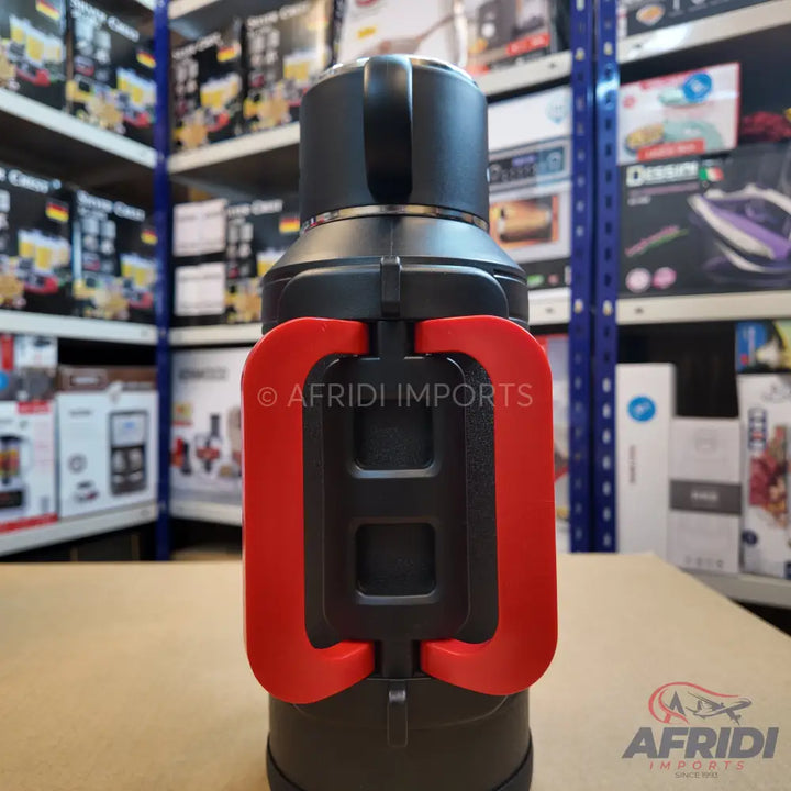 Black and red insulated water bottle with a carrying handle.