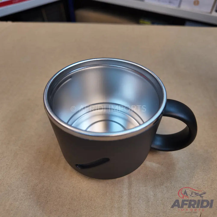 Black insulated coffee mug with a silver interior.